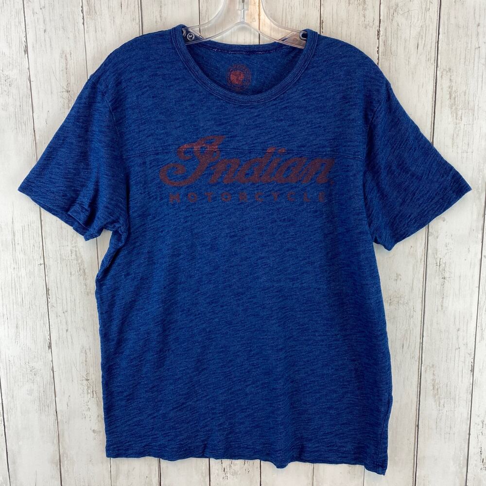 Indian Motorcycle Lucky Brand Blue Crewneck Short Sleeve Graphic Tee Size Large